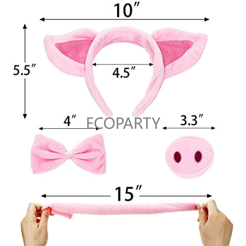 Pig Costume Set Pig Ears Nose Tail and Bow Tie Pink Fancy Dress Costume Kit Accessories for Kids Halloween Dress-up Play