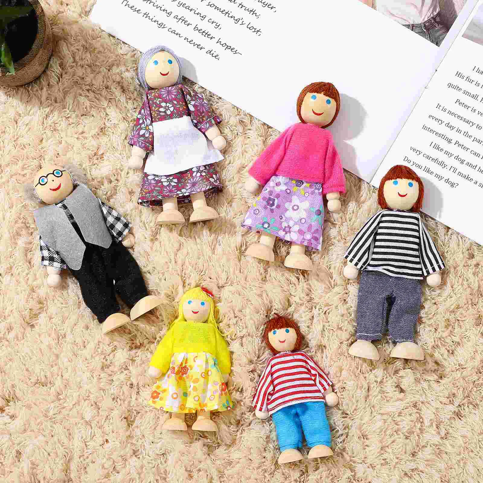 Action Figures Toys Mini Figure Toys Mini Dolls Toys Pretend Family Dolls House People Miniature Toy Children&rsquo;s Toys Wood Figures Wooden Movable Puppet 6 Pcs
