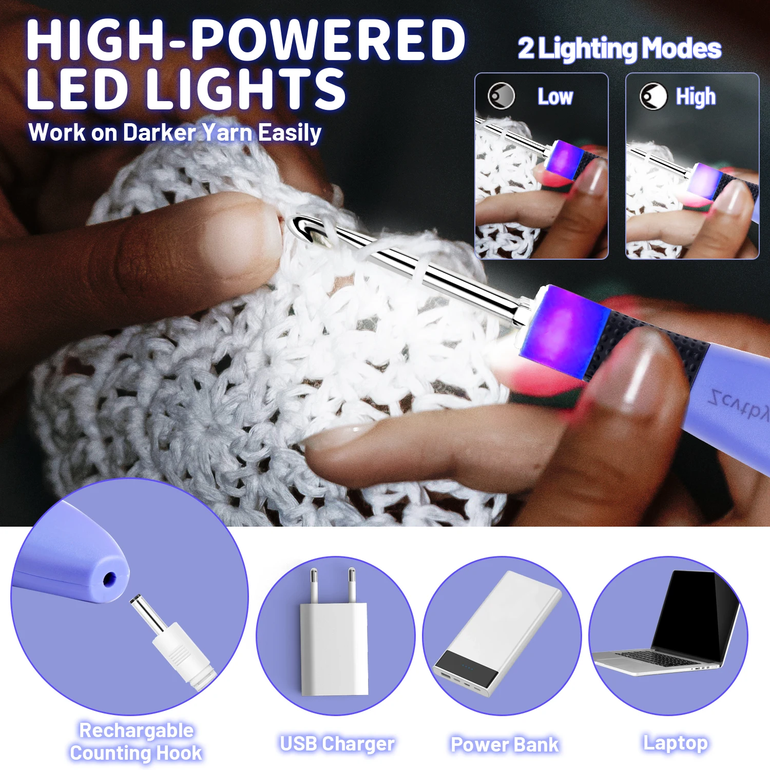 12pcs Lighted Crochet Hook Set with Counter Ergonomic Knitting Needles Kit with Metal Interchangeable Head DIY Tool for Beginner