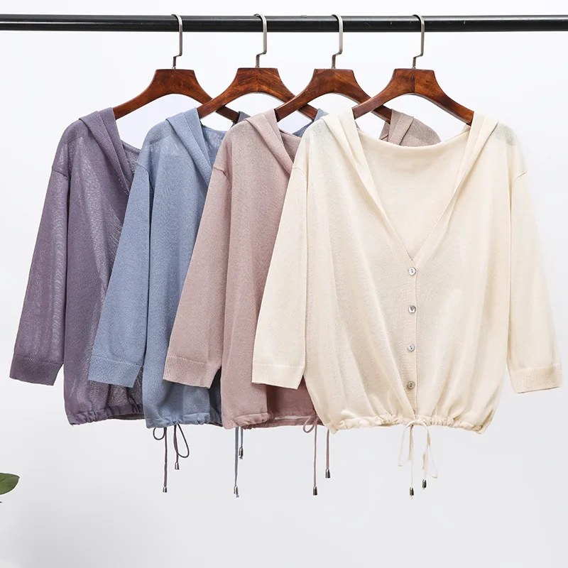 

Summer Cardigans Outerwear Hooded Thin Sweater Cardigan Women Sunscreen Knit Coat Ice Silk Lace Up V-neck Short Loose Cape