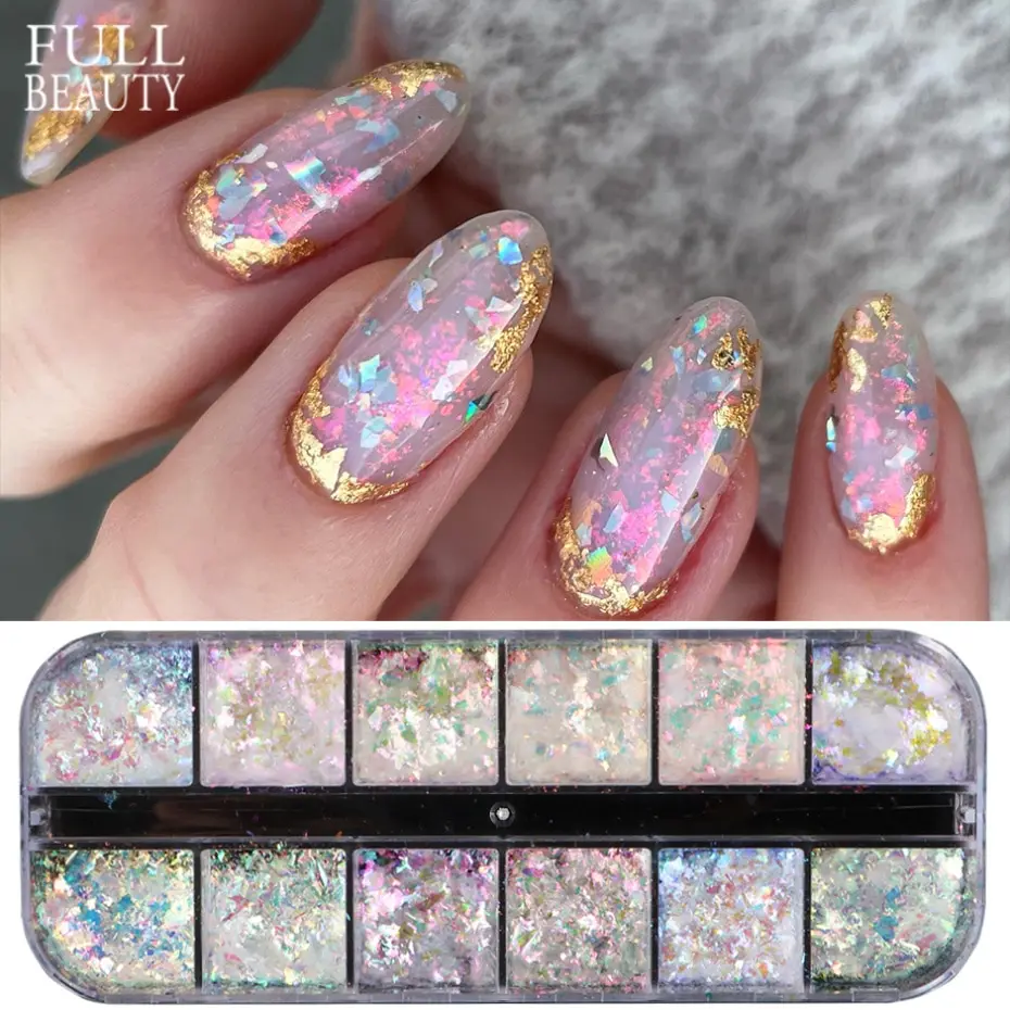 Nail Glitter 12 Grids Iridescent Nail Aurora Glitter Crystal Fire Flakes Holographic Sparkle Sequins Charms Gel Polish Manicure Flash