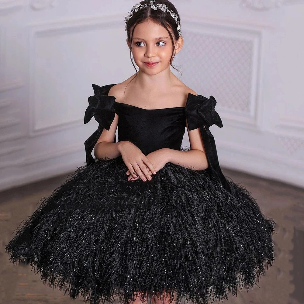 

Black Flower Girl Dresses for Ladies 2023 Summer Knee Length Girls Pageant Dress Kids with Bow Zipper Back فساتين اطفال للعي