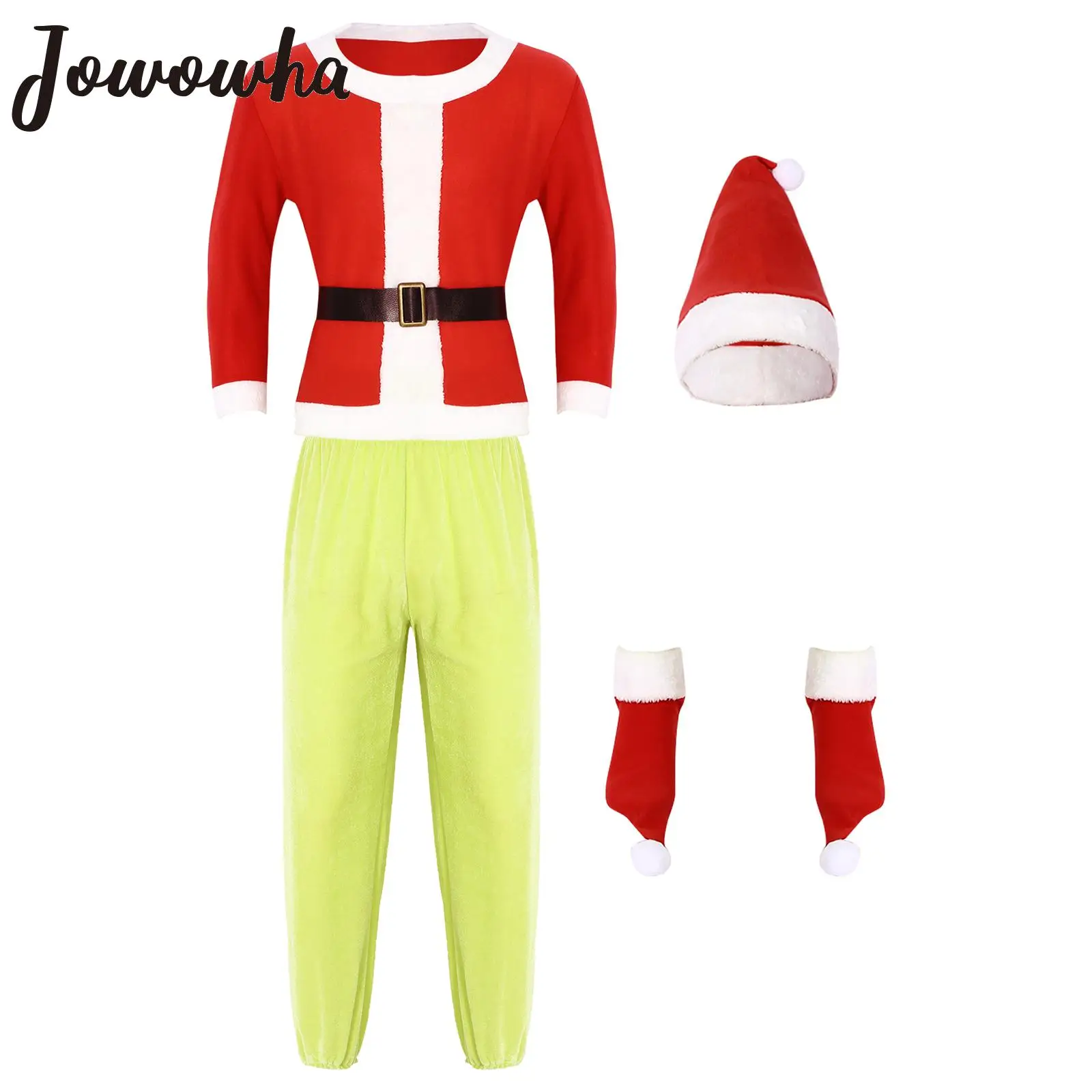 

Adult Santa Claus Suit Christmas Party Masquerade Role Play Costume Faux Fur Trimming Tops +Pants +Hat+ Belt +Gloves+ Foot Cover