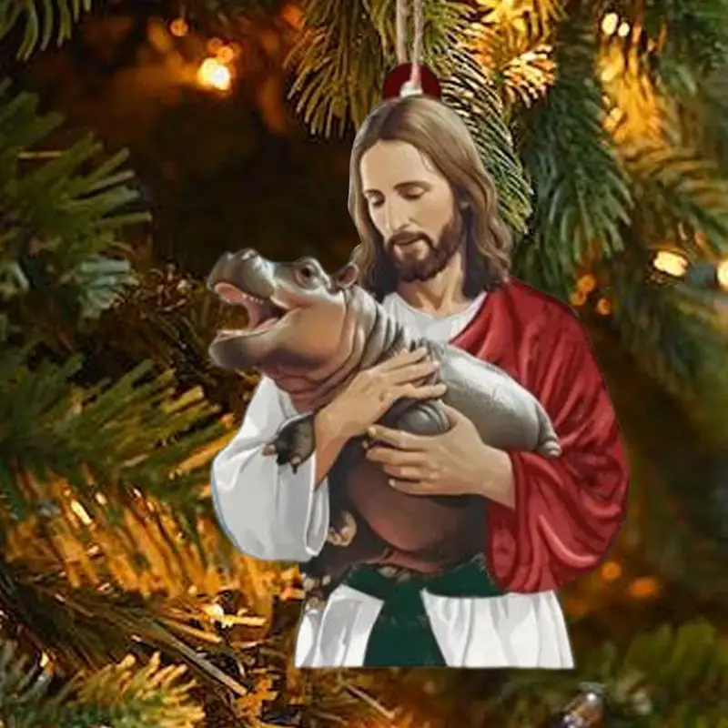 Christmas Jesus Love Moo Deng Keychains Hippopotamus Ornaments 2D Acrylic Decoration Christmas Tree Hangable pendant Keyrings