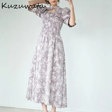 Kuzuwata Stand Collar Lace Up Hollow Out Half Flare Sleeve Vestidos Elasticity Empire Printed Slim Dress Japanese Gentle Robes
