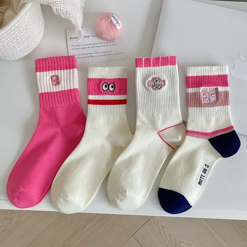 

Autumn Winter Kawaii Designer Socks Cotton Pink Stripe Harajuku Middle Tube Cute Socks Sports Letter Women Socks