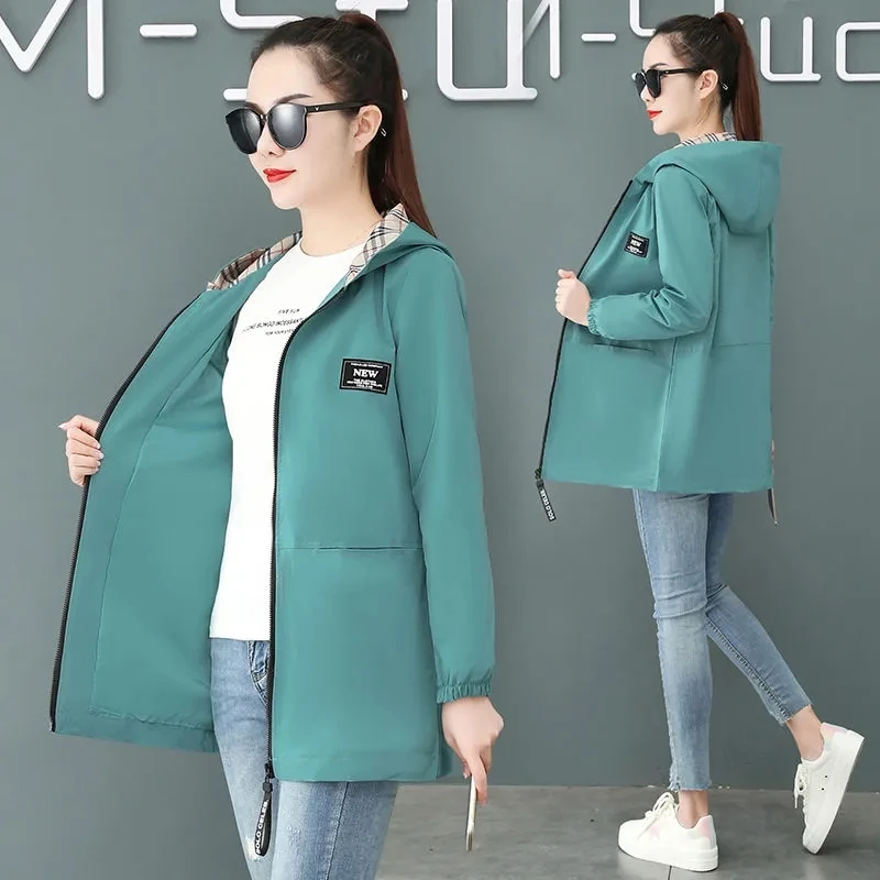 

New Fashion Women Jacket Mid-Length Windbreaker 2022 Female Spring Autumn Korean Hooded Loose Solid Oversized Casual Trench Coa