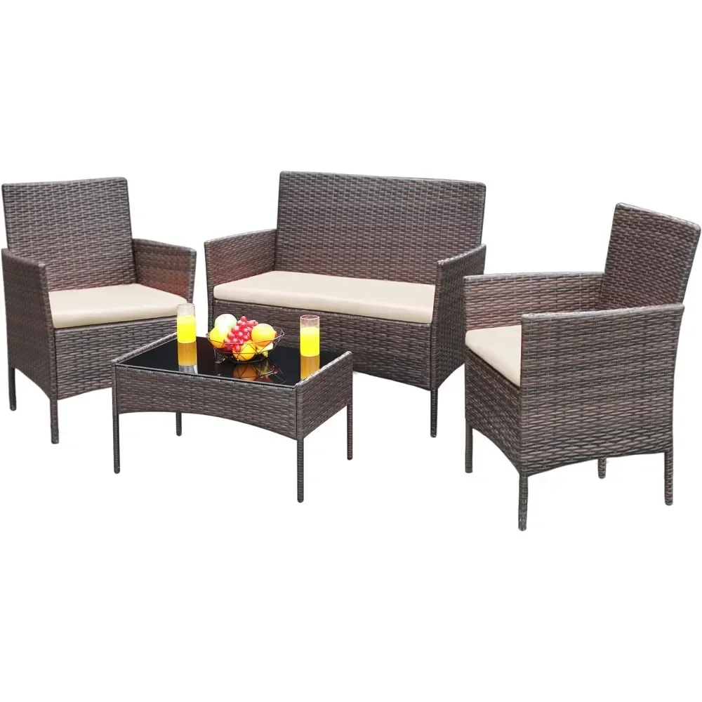 Outdoor Sofa Set of 4 with Soft Cushion and Glass Table Patio Furniture 4 Pieces Conversation Set Outdoor Wicker Rattan Chairs outdoor sofa set