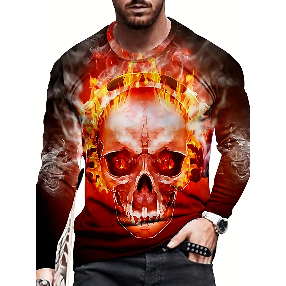 

Fashion Men's Ghost Fire Skull Pattern T Shirt Street Men's Round Neck Long Sleeve T Shirt Casual Trendy Men's Y2K Tops T Shirt