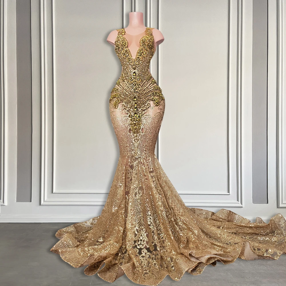 Luxury-Crystal-Diamond-Gold-Long-Prom-Dresses-Black-Girls-Sparkly ...