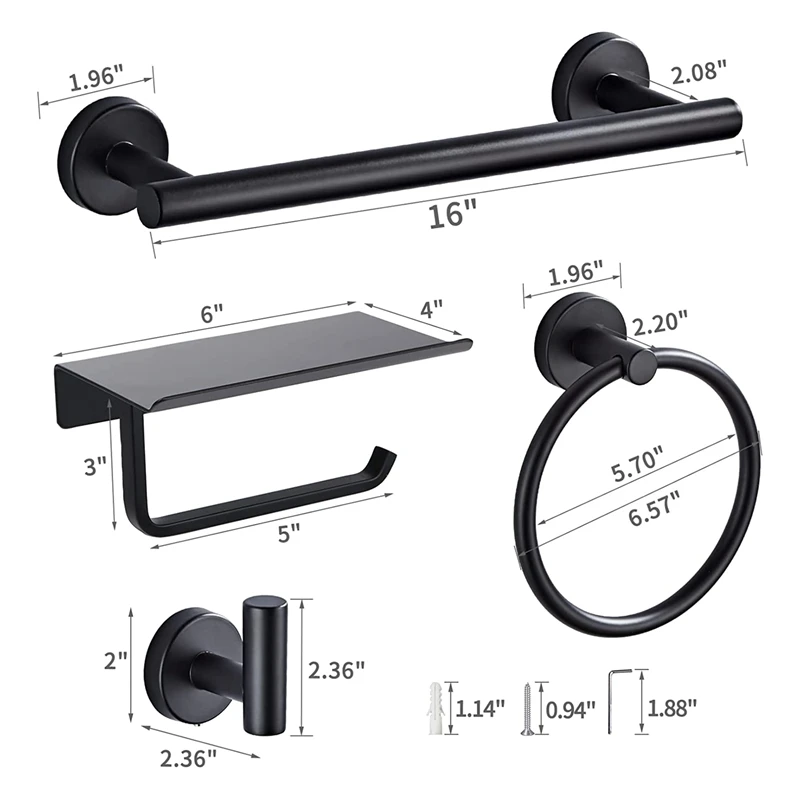Description Picture 5 of item5 Pieces Bathroom Hardware Set, Include 16 Inches Towel Bar, Towel Ring, Toilet Paper Holder With Shelf, 2 Hooks