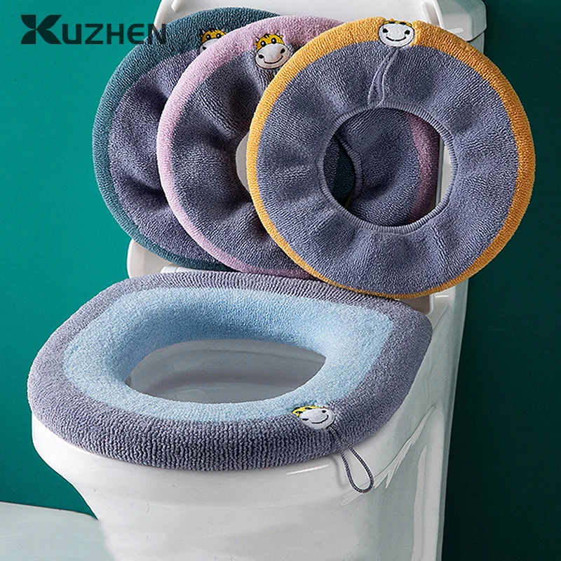 Winter Warm Toilet Seat Cover Mat Bathroom Toilet Pad Cushion With Handle Thicker Soft Washable Closestool Warmer Accessories
