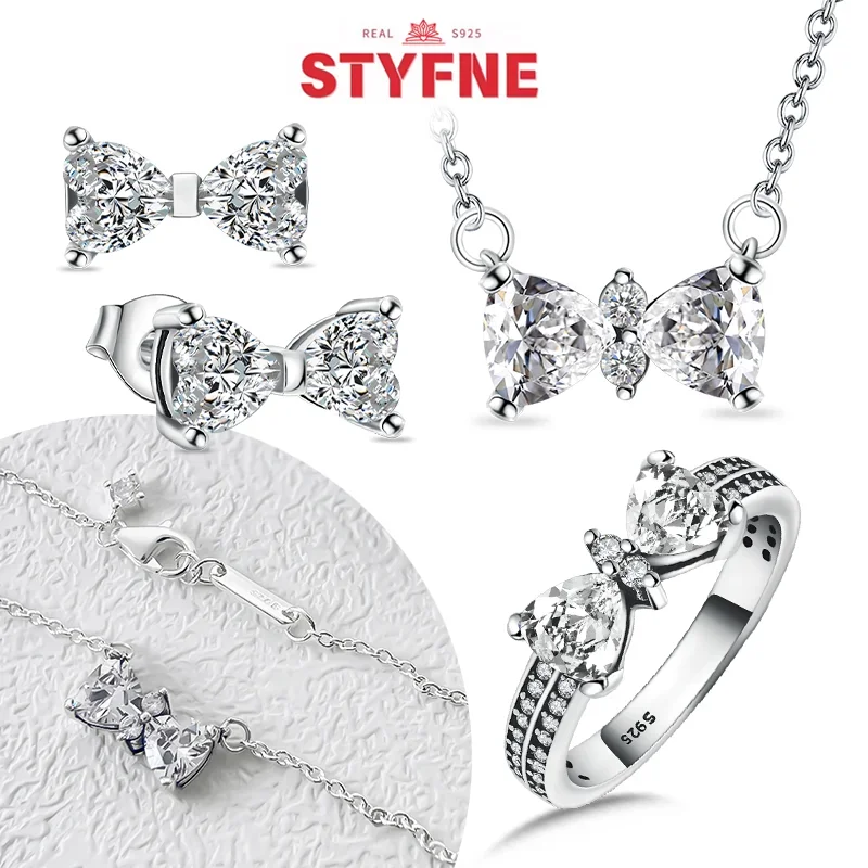 Jewelry Set Sterling Silver S925 Original Zircon Bow Jewelry Sets Ring Earrings Necklace for Women