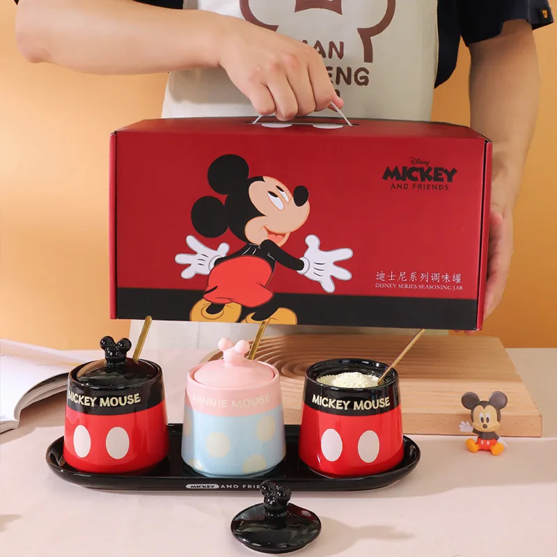 

Disney Mickey Seasoning Box Ceramic Seasoning Pot Set Salt Pot With Spoon Seasoning Pot Kitchen Household Cartoon Seasoning Box