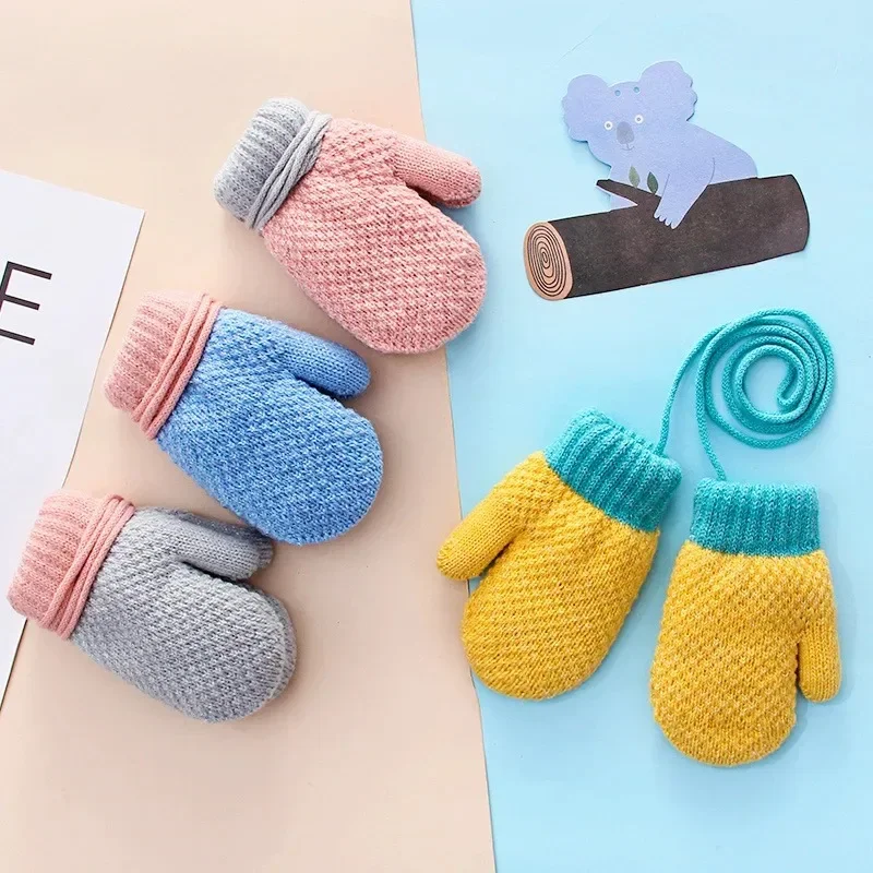 Winter Baby Boys Girls Knitted Gloves Warm Full Finger Mittens Gloves with Rope For Children Toddler Kids 0-4Years winter gloves baby mittens