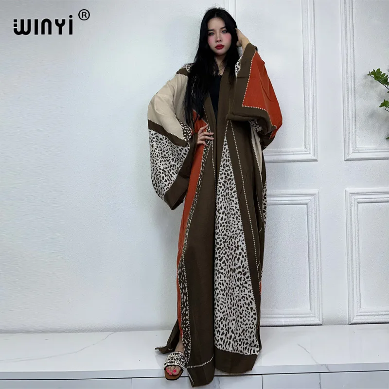 

WINYI kimono winter dress for women geometry print Luxury Fur OverCoat Thick Warm coat fashion cardigan Middle East winter abaya