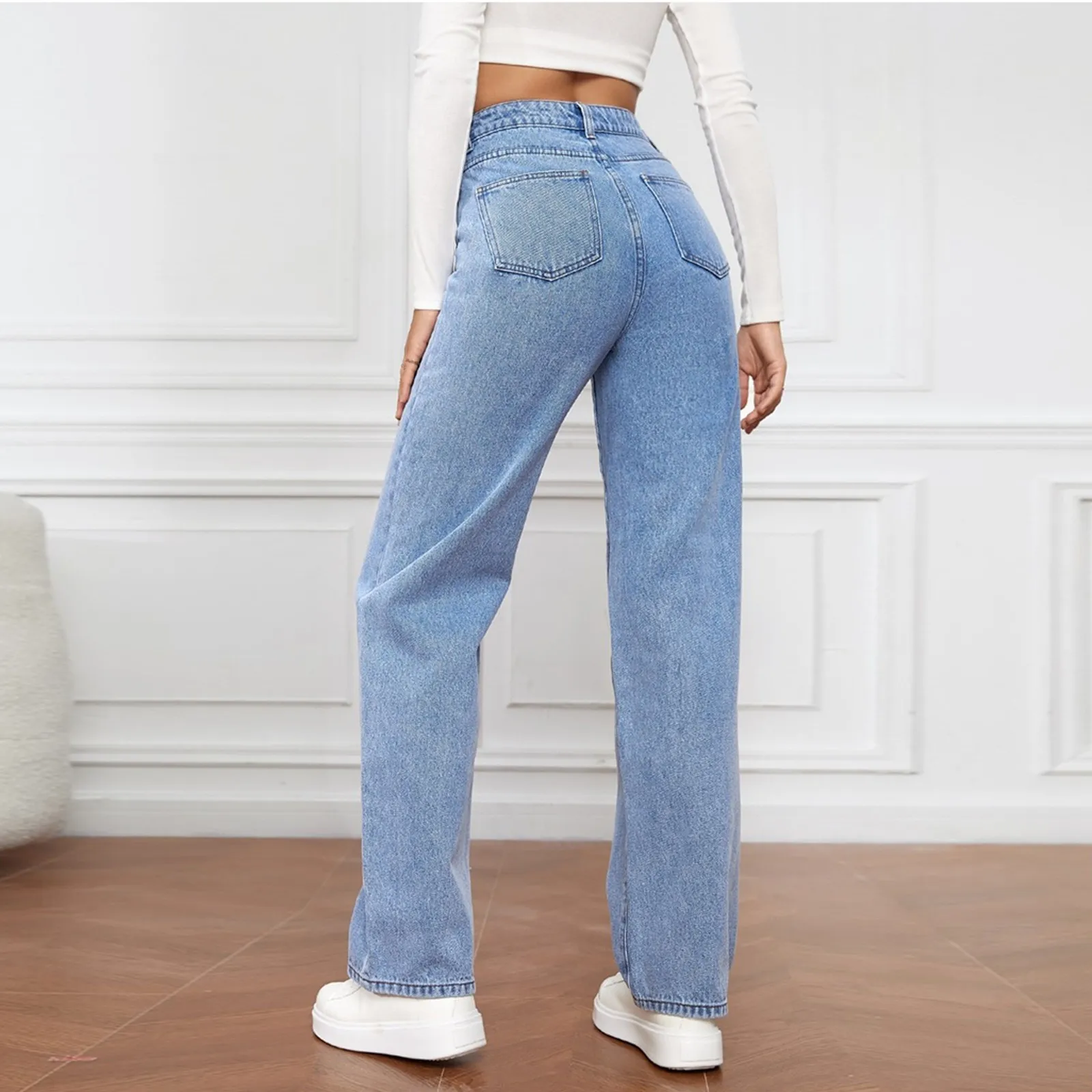 

Fashion Versatile Straight Leg Pants Womens High Waist Washed Females Jeans Straight Leg Pants Sports Casual Trousers Pantalones