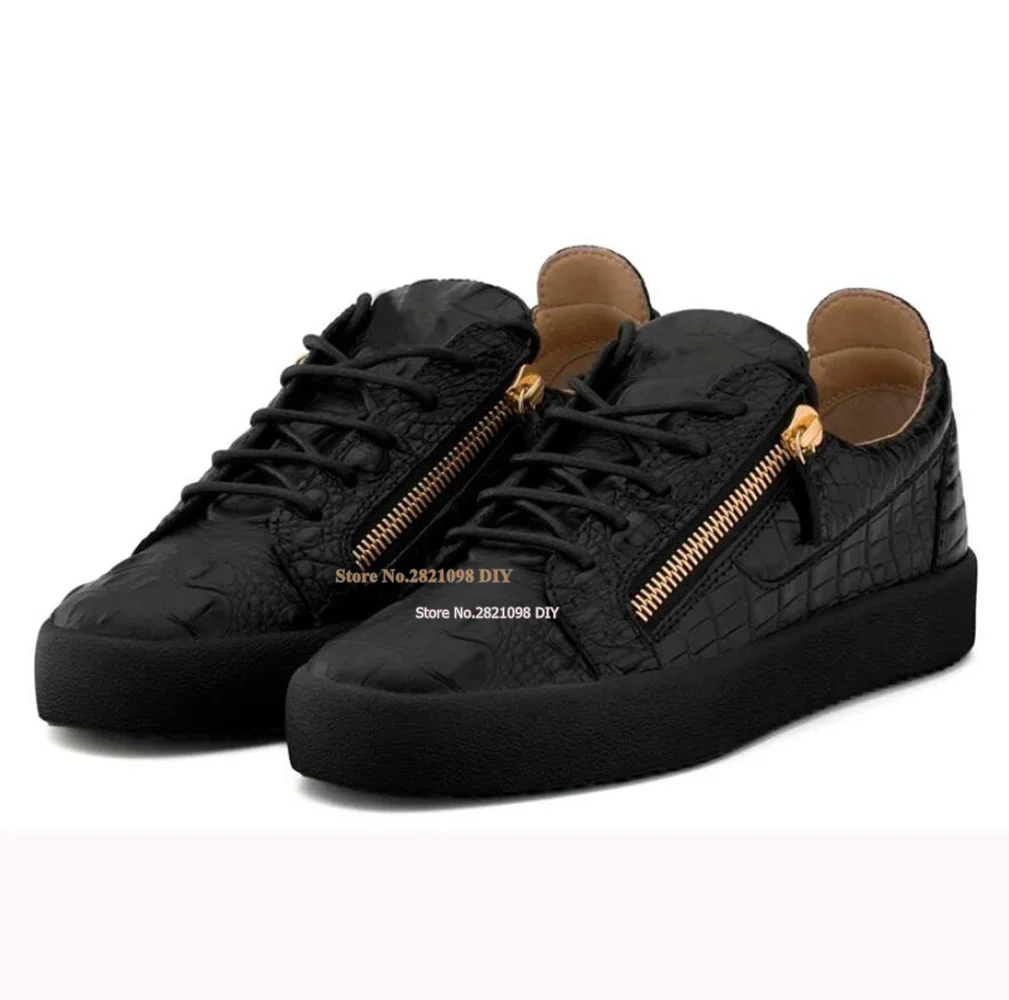 

Double Golden Zipper Flats Sneakers Casual Shoes Men Pleated Stone Grain Pattern Printed Comfortable Flats