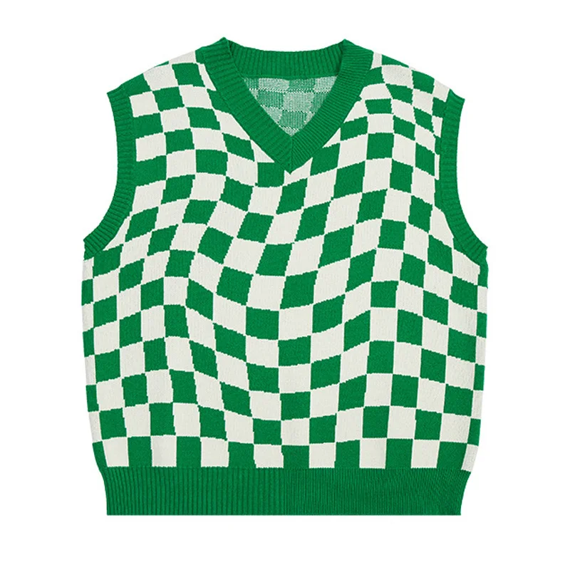 

Japanese Sweater Vest Men Women Plaid Black and Green Checkerboard Knit Sweaters Harajuku Casual Loose Pullover Streetwear New