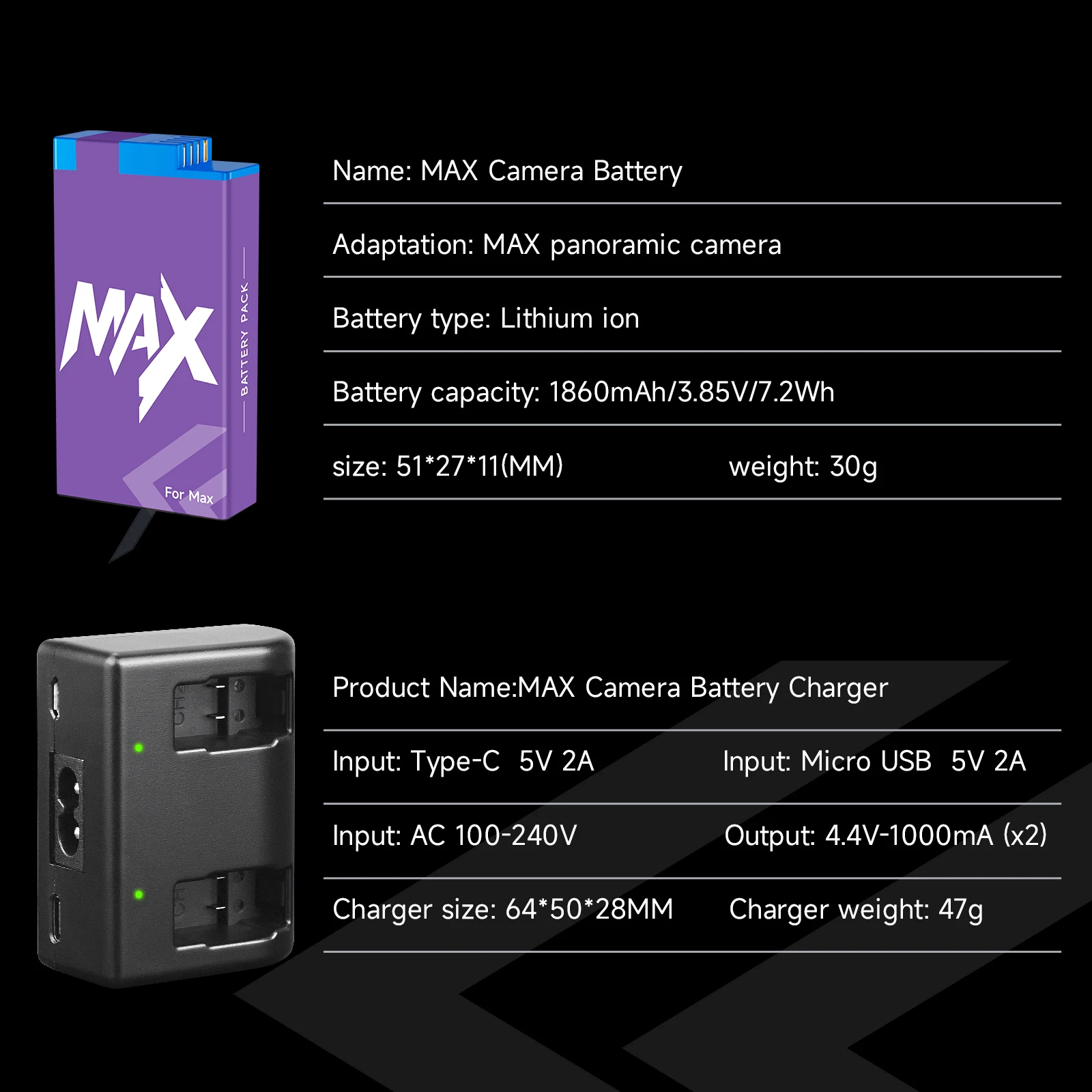 Caméra Action 360° avec Chargeur et Batteries - Lot Noir/Vert