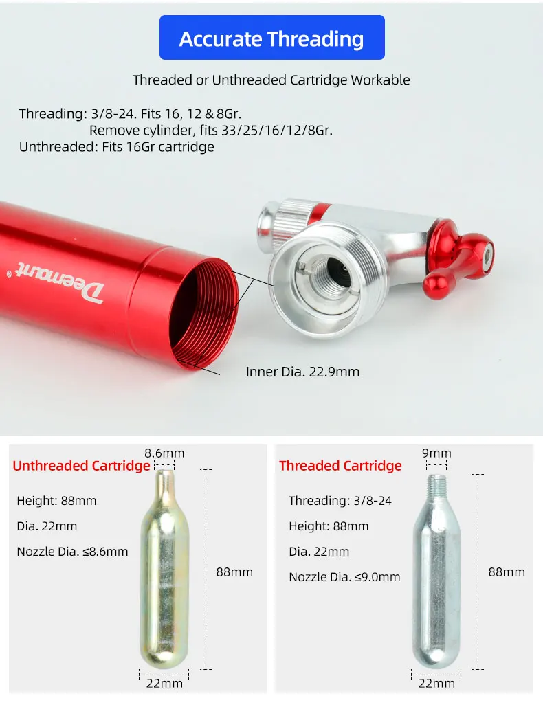 Fahrrad-CO2-Inflator, passend für Presta Scrader-Ventil, Rennrad, MTB-Reifen, schnelles Pumpen, Gewinde 16/12/8 G, ohne Gewinde, 16 G-Patrone – Detail 6