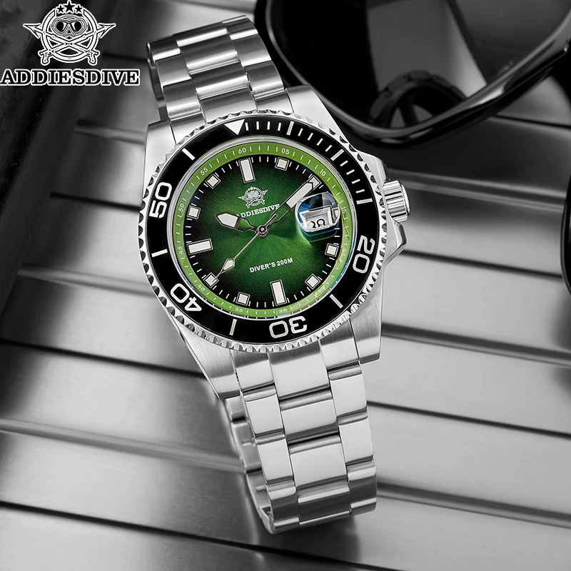 ADDIESDIVE New Men's Dive Watch 200m Waterproof Japanese Quartz Enamel Dial Ceramic Bezel Luminous Hands Stainless Steel Strap