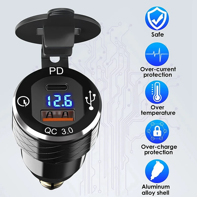 Фото Быстрое зарядное устройство PD 3.0 Type C USB разъем Din к USB и 18 Вт QC 3.0 розетка с вольтметром для мотоцикла Ducati BMW 12-24 В №3
