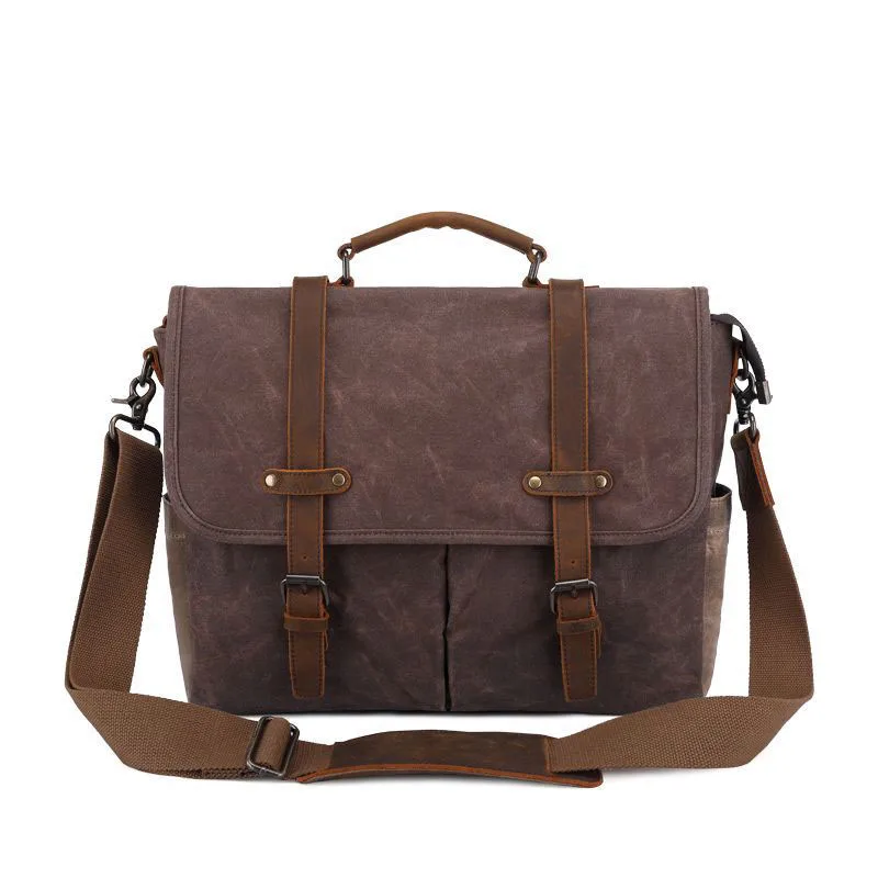 

Men's Messenger Bag 14 Inch Waterproof Vintage Genuine Leather Briefcase Waxed Canvas Computer Laptop Bags 2024 New Arrival