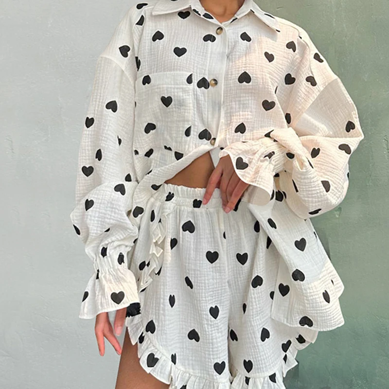 

Comfortable Heart Print Hot Girls Homewear 2024 Casual Lapel Button Shirt Tops&Ruffles Shorts Set Women Long Sleeve Two Piece