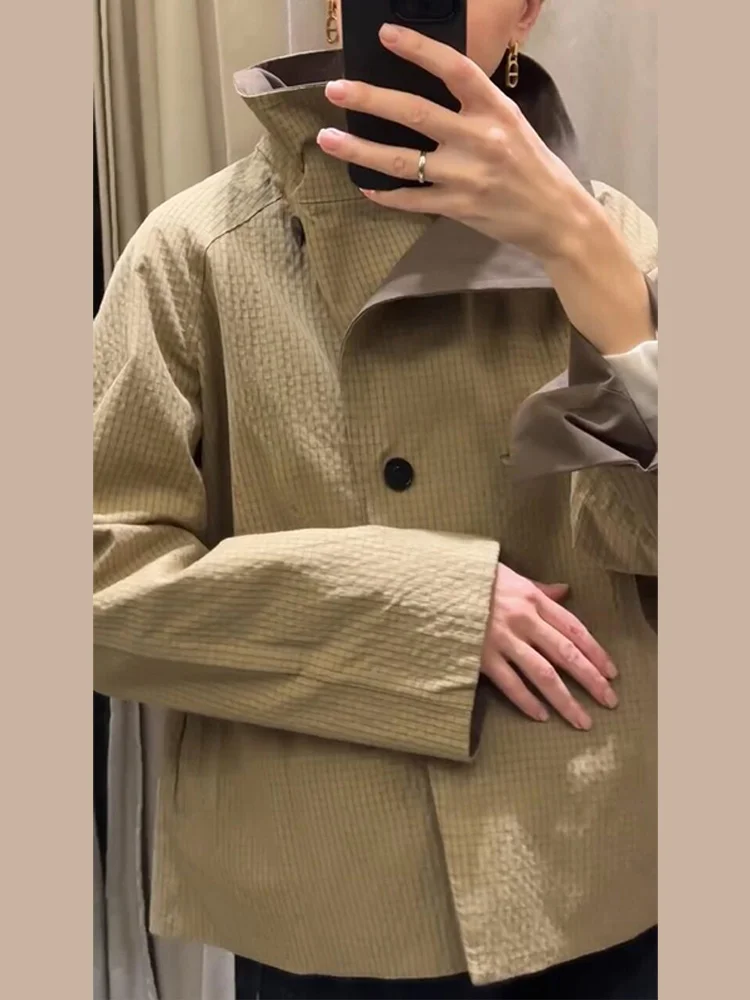 Veste réversible pour femme, col montant uni, élégante, à simple boutonnage, manches longues, à carreaux, nouvelle collection automne-hiver 2026.