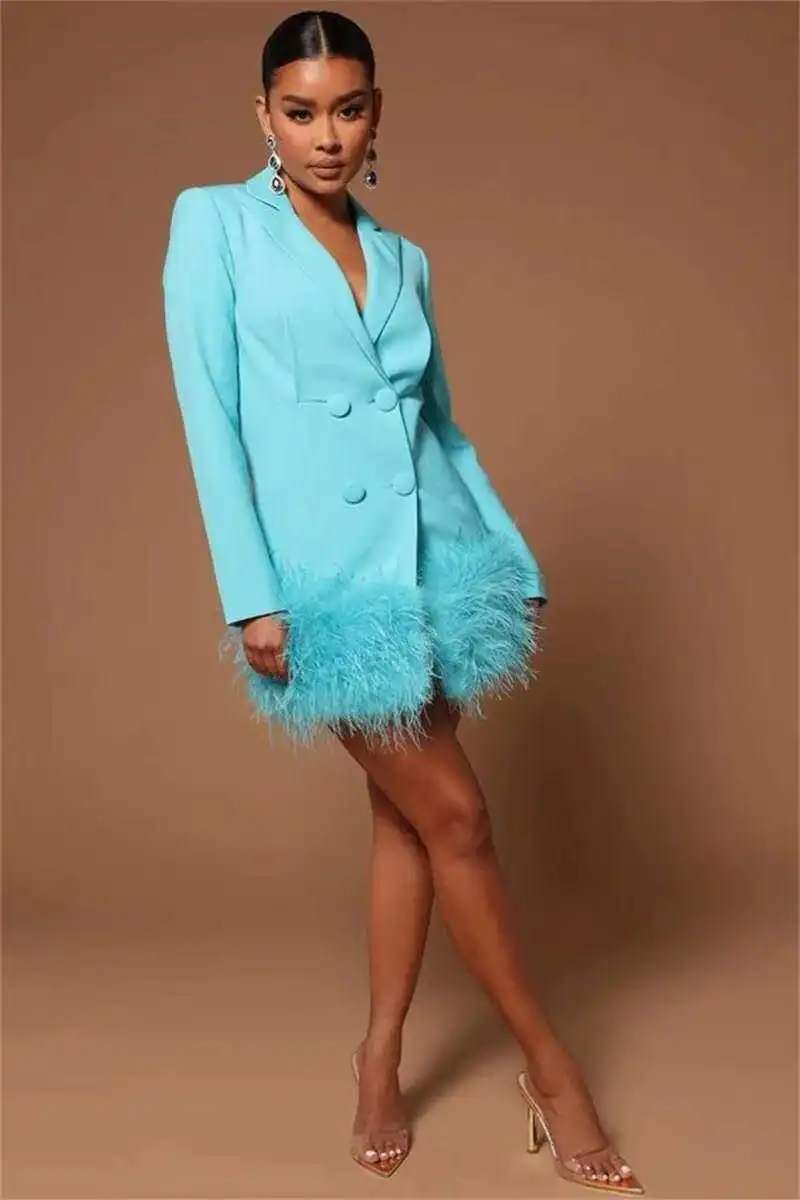 Long Coat For Women Feather Peaked Lapel Double Breasted Overcoat Lady Blazer Slim Fit Jacket Skirt Made Elegant