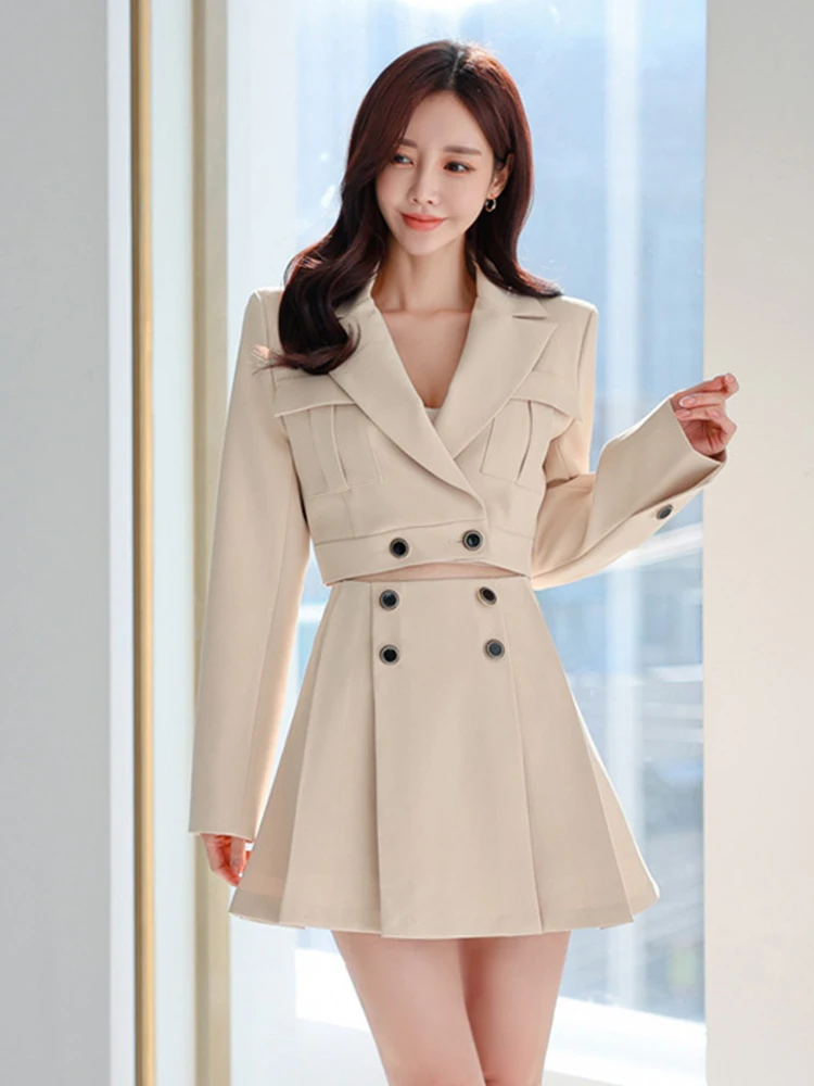 

Spring Autumn 2 Pieces Outfits Suits Women Formal Short Cropped Tops Coat Blazer Suit High Waist Mini Skirt Street Clothes Set