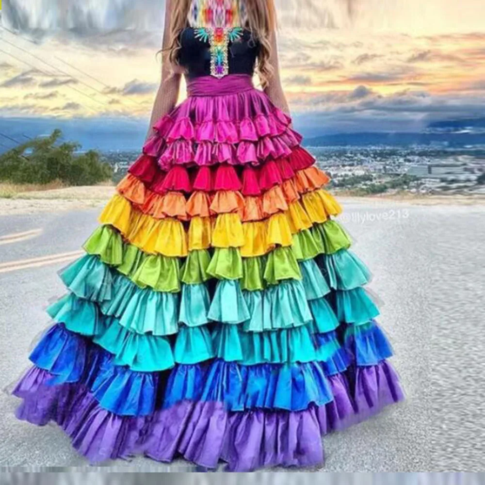 

Colorful Tiered Long Skirts Women A Line Saias Girls Wedding Guest Party Gowns Lady Puffy Skirt Floor Length Women Formal Wear