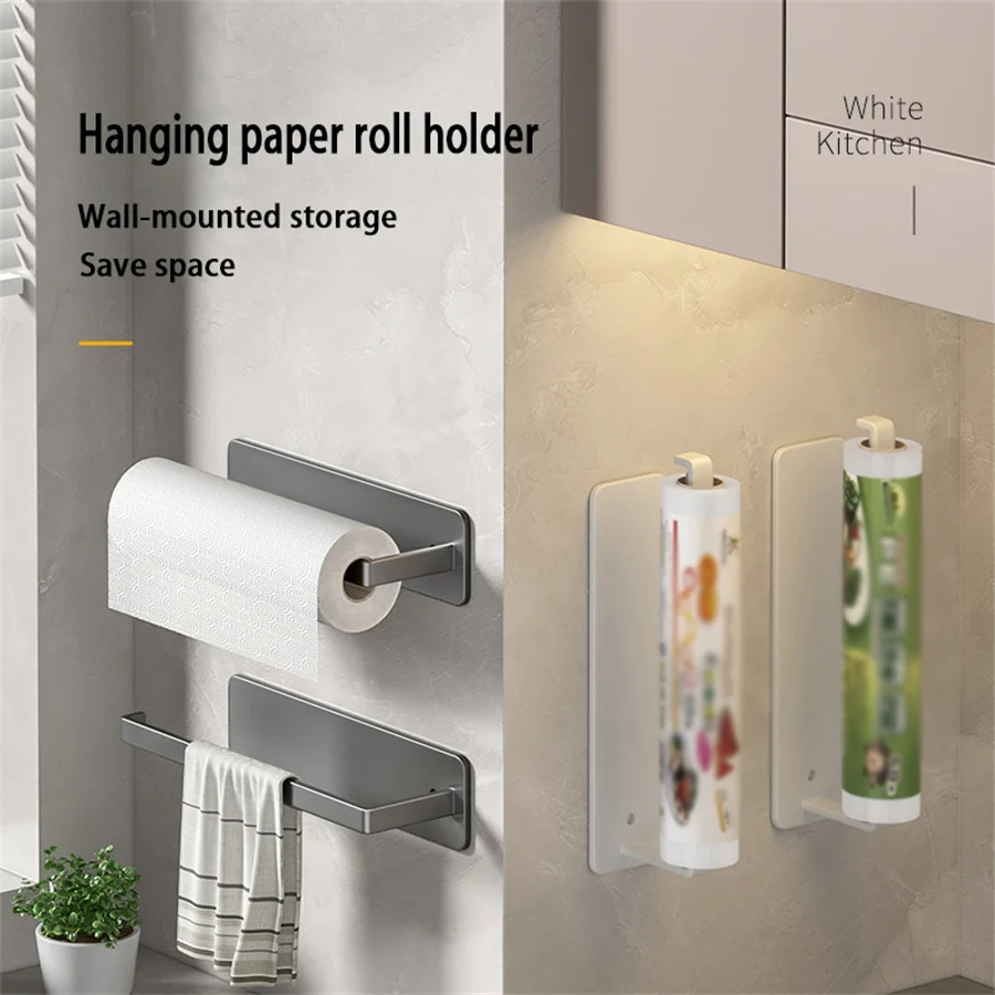 

Household Items Storage Kitchen Non Perforated Tissue Rack Cabinet Hanging Film Bag Storage Cloth Rack Wall Mounted Tissue Rack