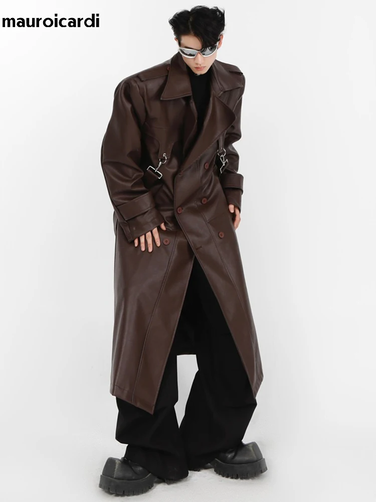 Mauroicardi Spring Autumn Oversized Cool Long Black Brown Pu
