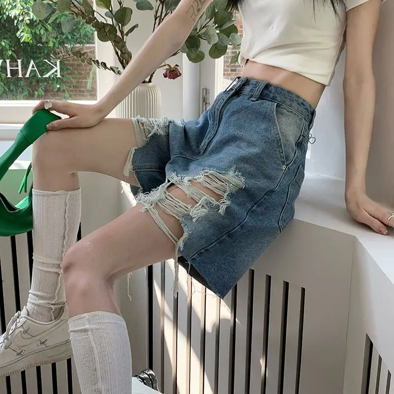 Korean Fashion Irregular Hole Jeans Female Clothing American Retro Summer Thin High Waist Button Zipper Basic Loose Knee Pants