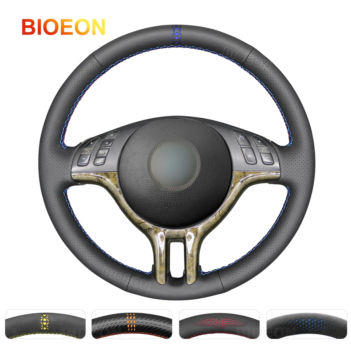 BIOEON Steering Wheel Cover for BMW E46 318i 325i 330ci E39 X5 E53 Z3 E36/7 E36/8 Hand-stitched Black Artificial Leather Wrap |