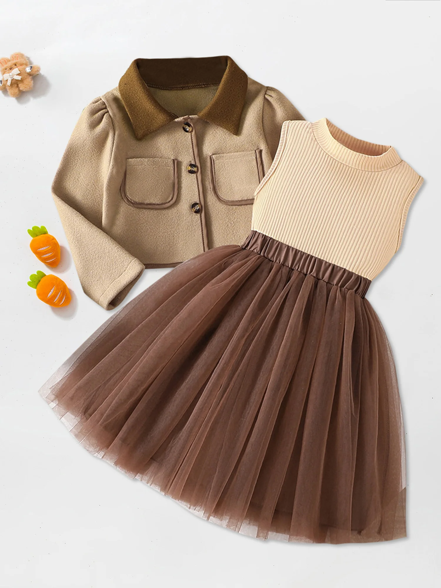 Women s Fall Fashion Ensemble Stylish Long Sleeve Lapel Coat with Button Up Detail Ribbed Tank Top and Tulle Skirt Set