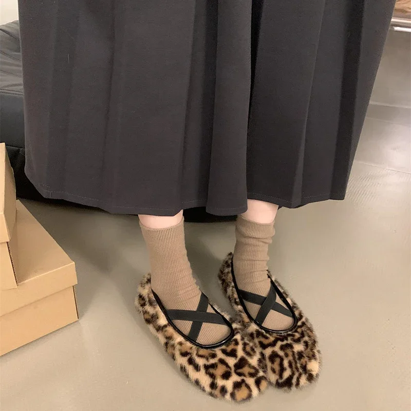 Winter Vintage Fleeces Leopard Women Loafers Flats Casual Shallow Ladies Comfort House Warm Cotton Shoes