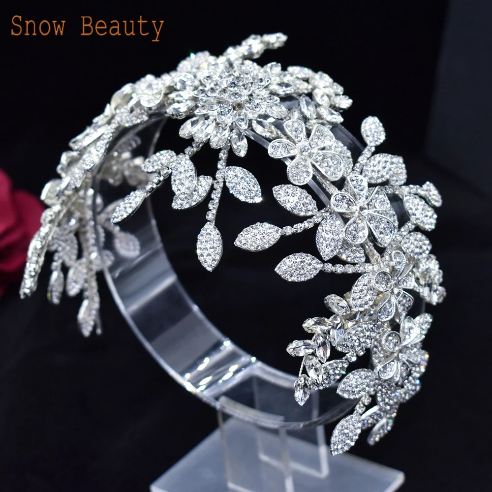 DZ025 Rhinestone Bridal Headband Trendy Party Headdress Crystal Wedding Hair Accessories Women Tiara Handmade Leaves Headpiece