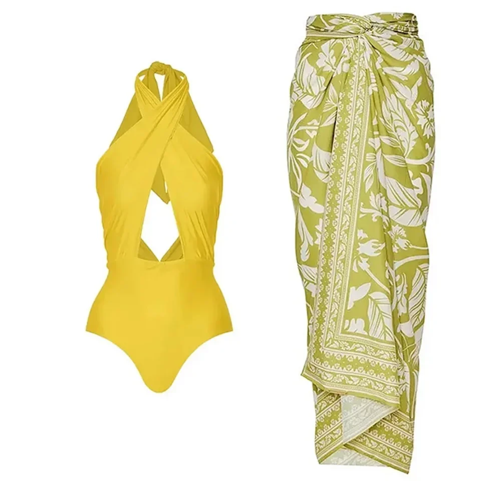 Printed Bikini Set With Cover Up V-Neck Shoulder Ruffled Swimwear High Waist Biquini Sexy Swimsuit Women 2024 Bathsuit Beachwear