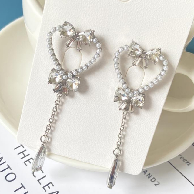 Romantic Hollow Heart Zircon Pendant Earring Women's Silver Bowknots Earrings Banquet Stud Earrings Fashion Jewelry Gifts