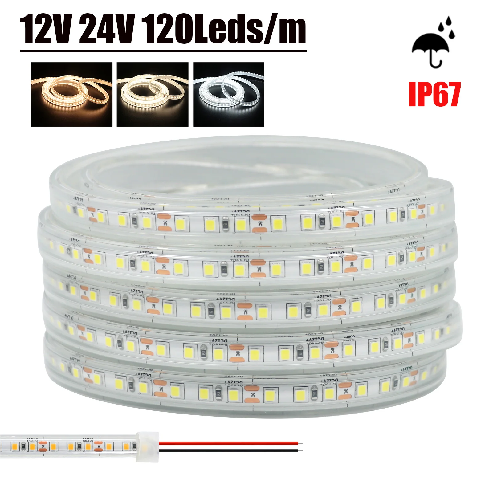 

DC 12V 24V SMD 2835 120LEDs/M LED Strip IP67 Waterproof CRI 80RA 3000K 4000K 6000K Home Decor Flexible Ribbon Tape Rope Lights