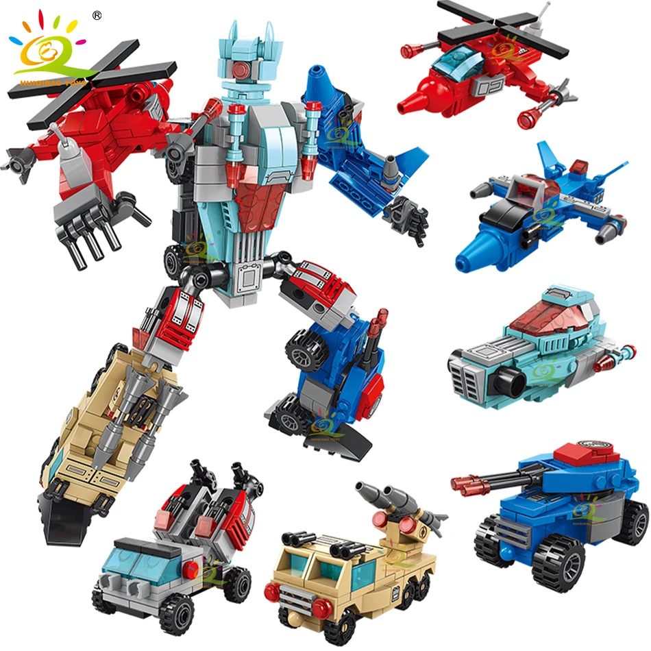 Huiqibao 6 In1 Robot Militare Deformazione Building Blocks Combat Airplane Car Mecha Brick City Construction Toy Per Regalo Per Bambini