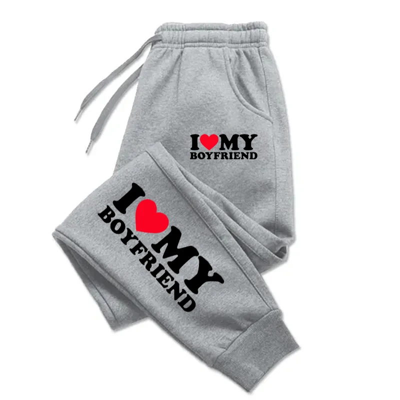 Autumn Woman Man Couple Sweatpants I Love My Boyfriend Print Tracksuit Loose Casual Warm Pants Pocket Drawstring Sportswear 6