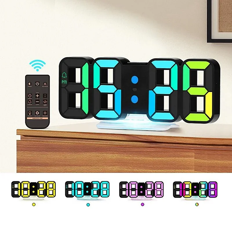 3D RGB Digital Wall Clock Mood Light Night Mode Touch Snooze Table Clock 12/24H Power-off Memory LED Alarm