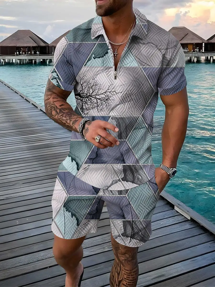 Color Gradient 2 Pcs Sets Golf Summer Fashion Mens Polo Shirts Short Sleeve + Short Pants Sets Tracksuit Casual Beach Suit 6