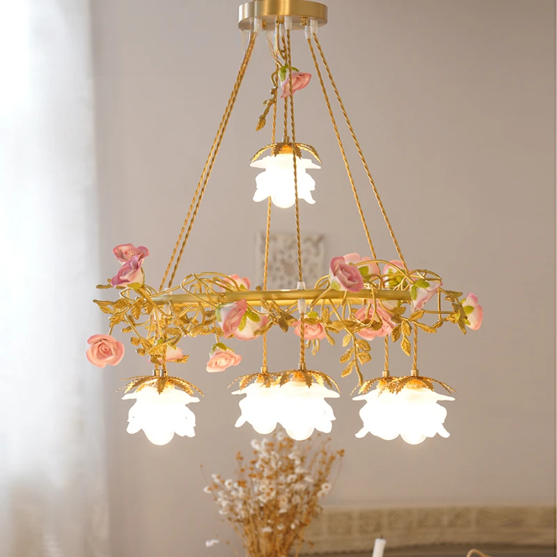 

French Pastoral Chandelier Ceramic Rose Pendant Lamps For Living Home Decor Lighting Suspension Design