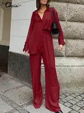 

Celmia 2022 Fashion Oversize Sets Loose Casual Women Streetwear Lapel Long Shirts and Wide Leg Pants Suits Two-piece Pant Sets