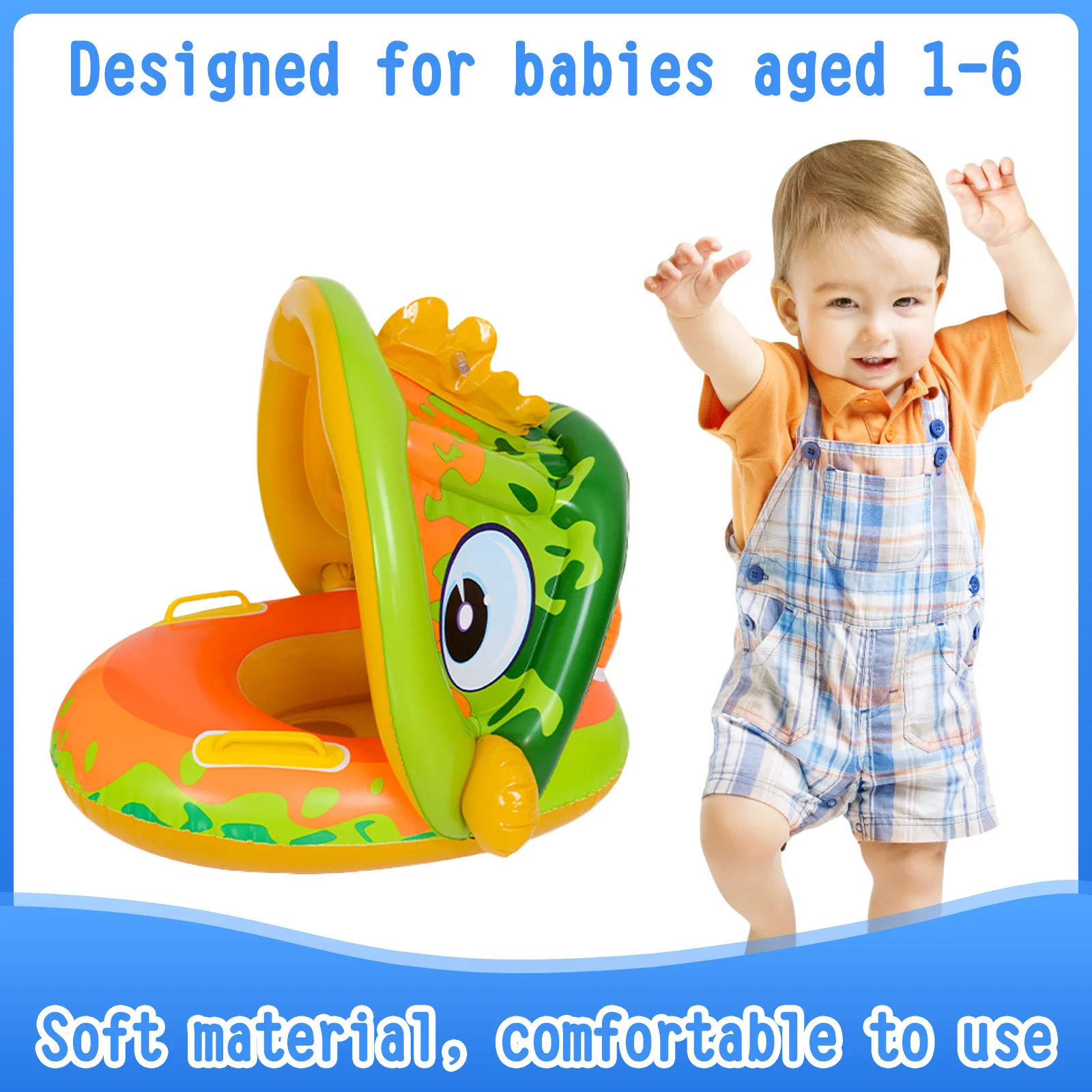 Kids Baby Inflatable Swim Ring Float Seat Cartoon Swimming Seat with Sunshade Awning Fun Pool Toys for Swimming Pool Bathtub